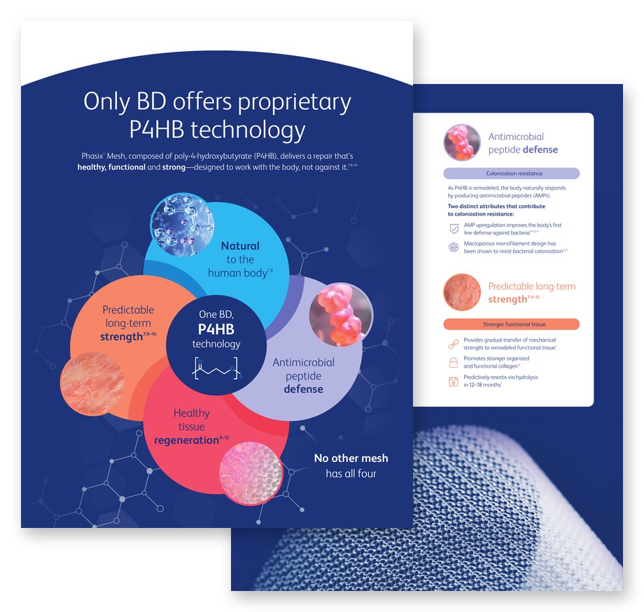Pages from the Phasix™ Mesh brochure: Only BD offers proprietary P4HB technology